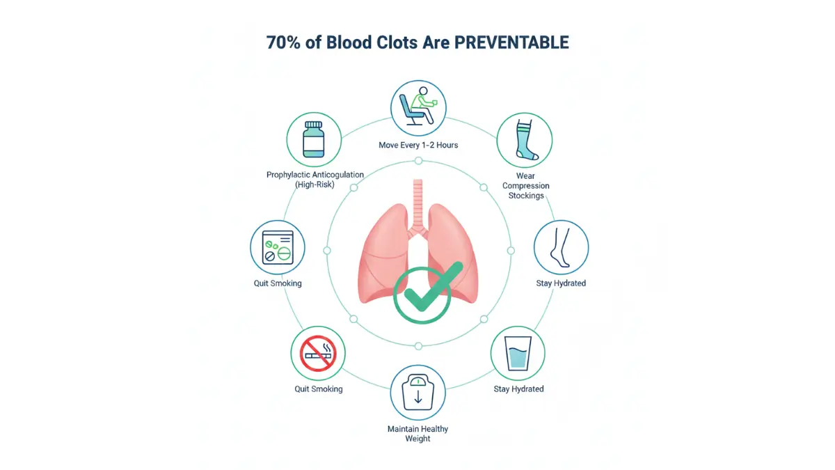 Medical infographic showing six evidence-based strategies to prevent Lung embolism and blood clots