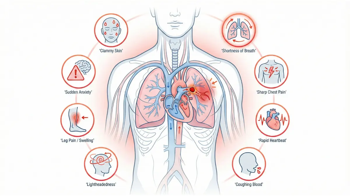 Medical diagram showing eight critical warning signs and symptoms associated with Lung embolism