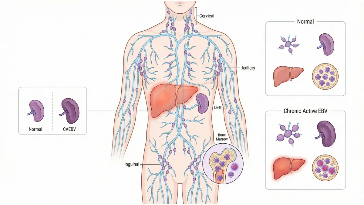 Anatomical diagram of the lymphatic system showing lymph nodes, spleen, liver, and bone marrow involvement in chronic active EBV symptoms.