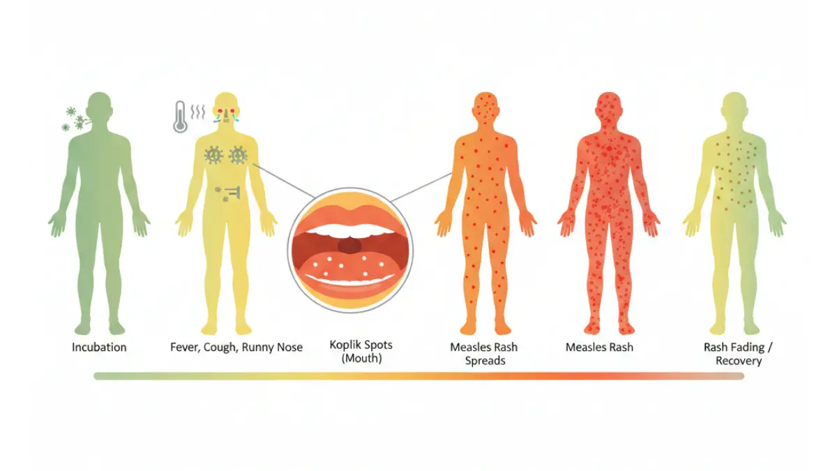 Measles Outbreak medical vector diagram illustrating 14-day symptom progression from incubation to rash and recovery