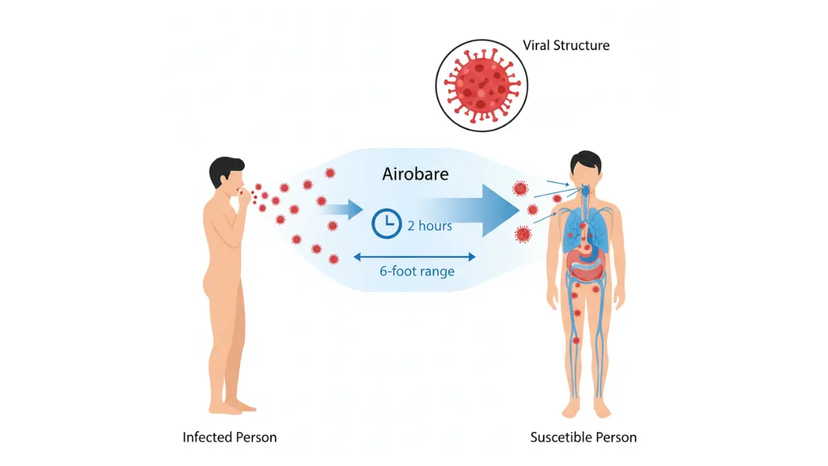 Measles Outbreak medical diagram showing airborne virus transmission through respiratory droplets
