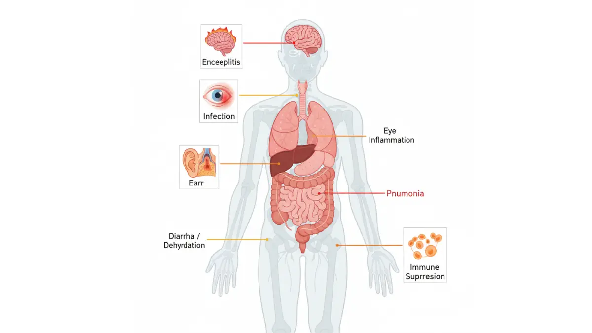 Measles Outbreak medical anatomy vector showing complications affecting brain, lungs, ears, eyes, and immune system