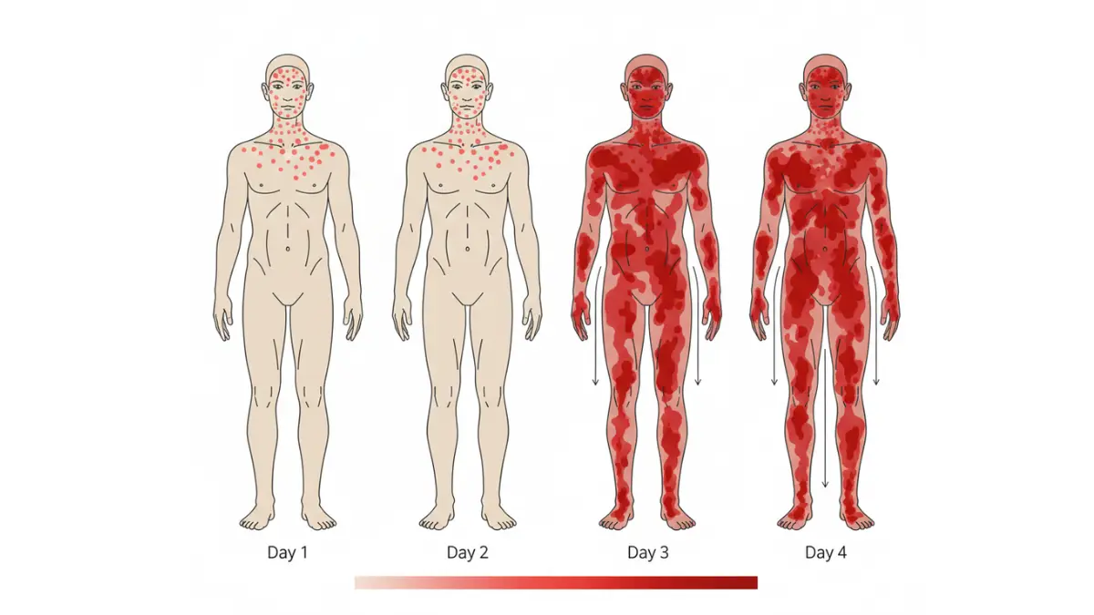 Measles Outbreak anatomical vector showing rash spread pattern from face to feet over four days