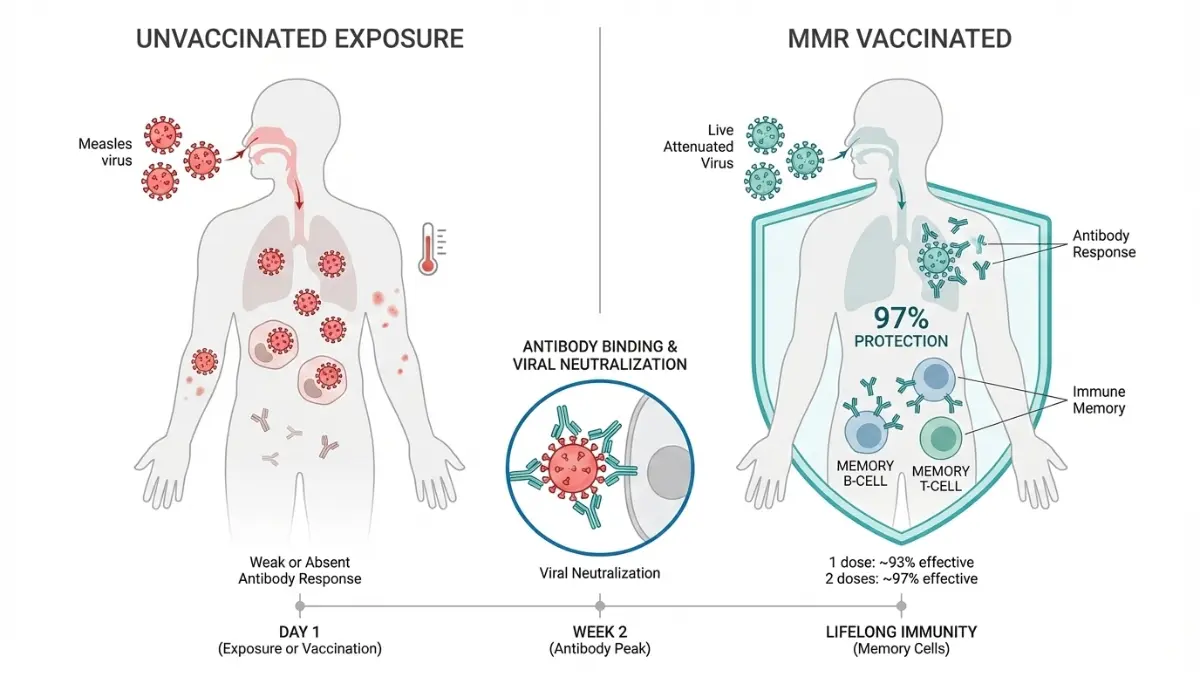 Measles Symptoms prevention diagram comparing immune response in unvaccinated exposure versus MMR vaccinated protection