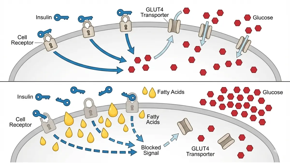 Metabolic Syndrome cellular diagram explaining insulin resistance and glucose blockage