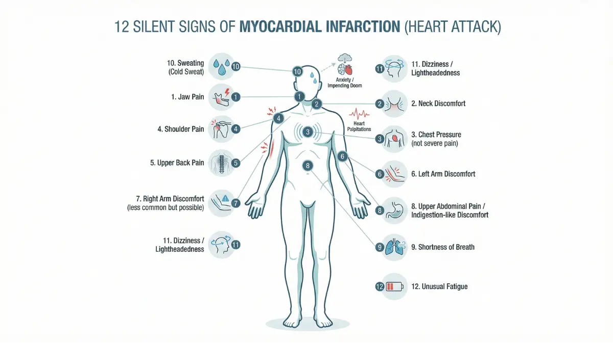 Myocardial infarction 12 silent symptoms locations mapped on human body diagram