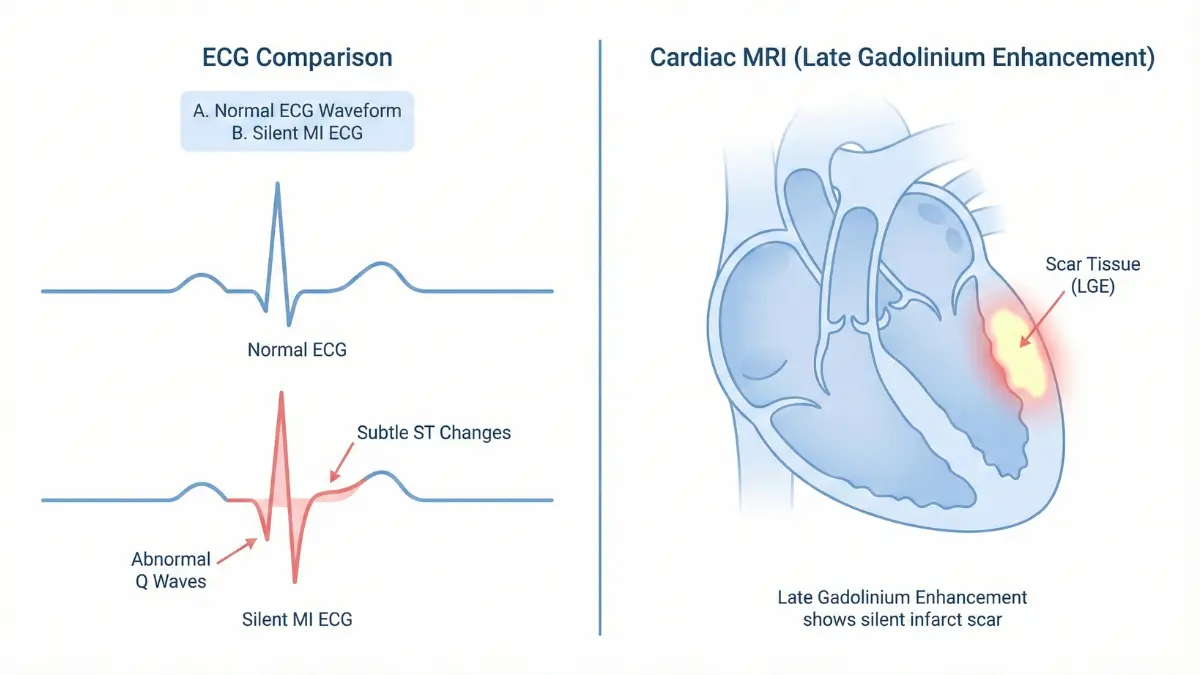 Myocardial infarction diagnosis ECG patterns and cardiac MRI scar detection diagram