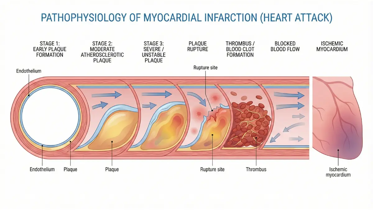 Myocardial infarction pathophysiology showing coronary artery plaque rupture and thrombus formation