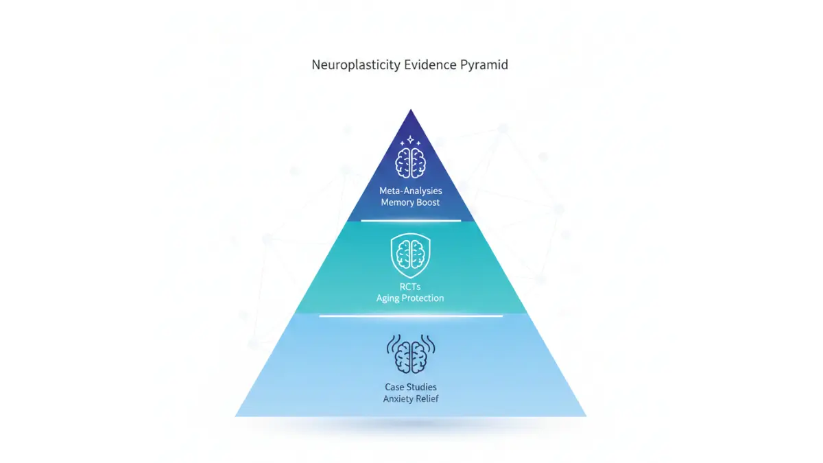 Evidence pyramid diagram summarizing benefits of neuroplasticity for memory, learning, and aging