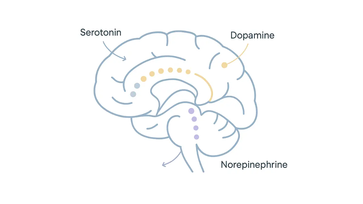 Medical vector diagram of depression neurotransmitters serotonin dopamine norepinephrine imbalance