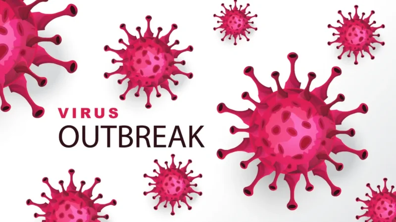 New H3N2 Flu virus outbreak illustration showing influenza virus particles spreading