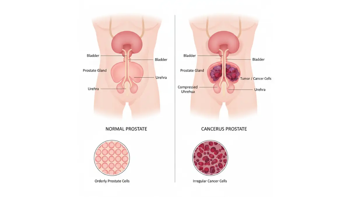 prostate cancer anatomy diagram comparing normal prostate and cancerous prostate