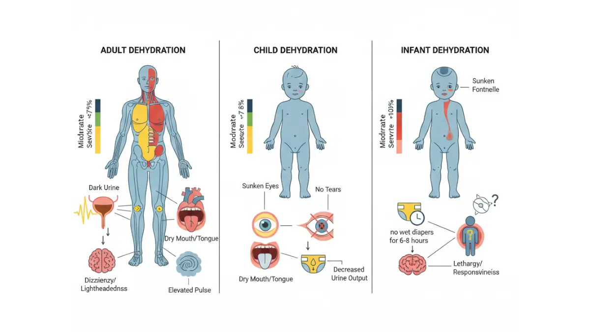 Norovirus dehydration warning signs diagram comparing adults children and infants with severity indicators