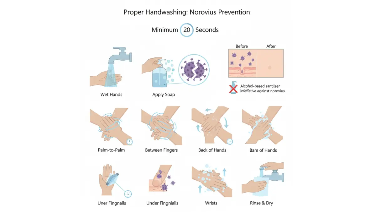 Norovirus prevention medical illustration showing proper handwashing steps to remove virus from hands