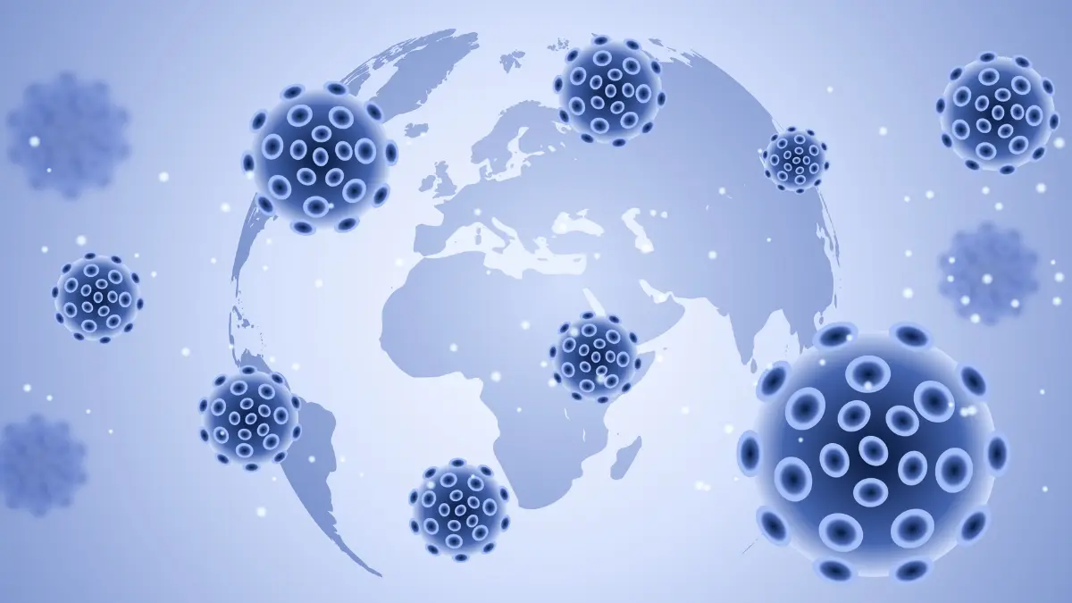 Norovirus outbreak global spread map 2025 showing GII.17 variant distribution across multiple continents with virus particles
