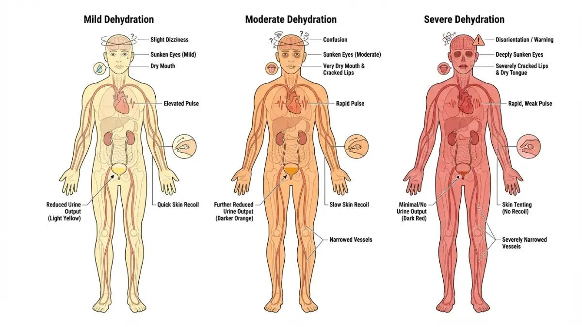 Medical illustration showing dehydration stages caused by norovirus symptoms affecting multiple body systems