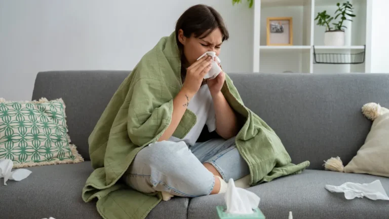 Person experiencing norovirus symptoms including nausea, illness, and fatigue at home