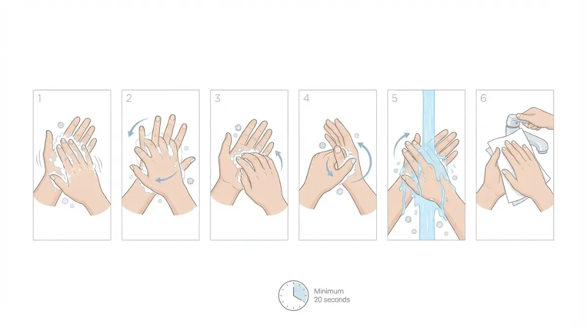 Six-step medical illustration demonstrating proper hand washing to prevent norovirus symptoms