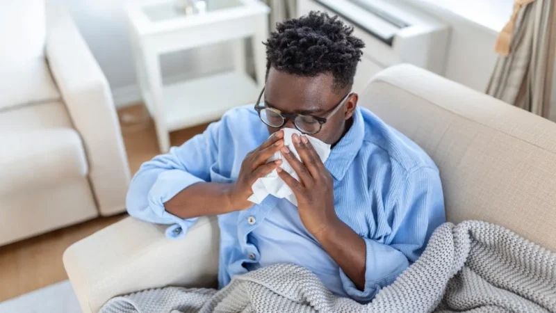 Man experiencing norovirus symptoms with tissue covering nose showing signs of stomach flu dehydration and viral gastroenteritis