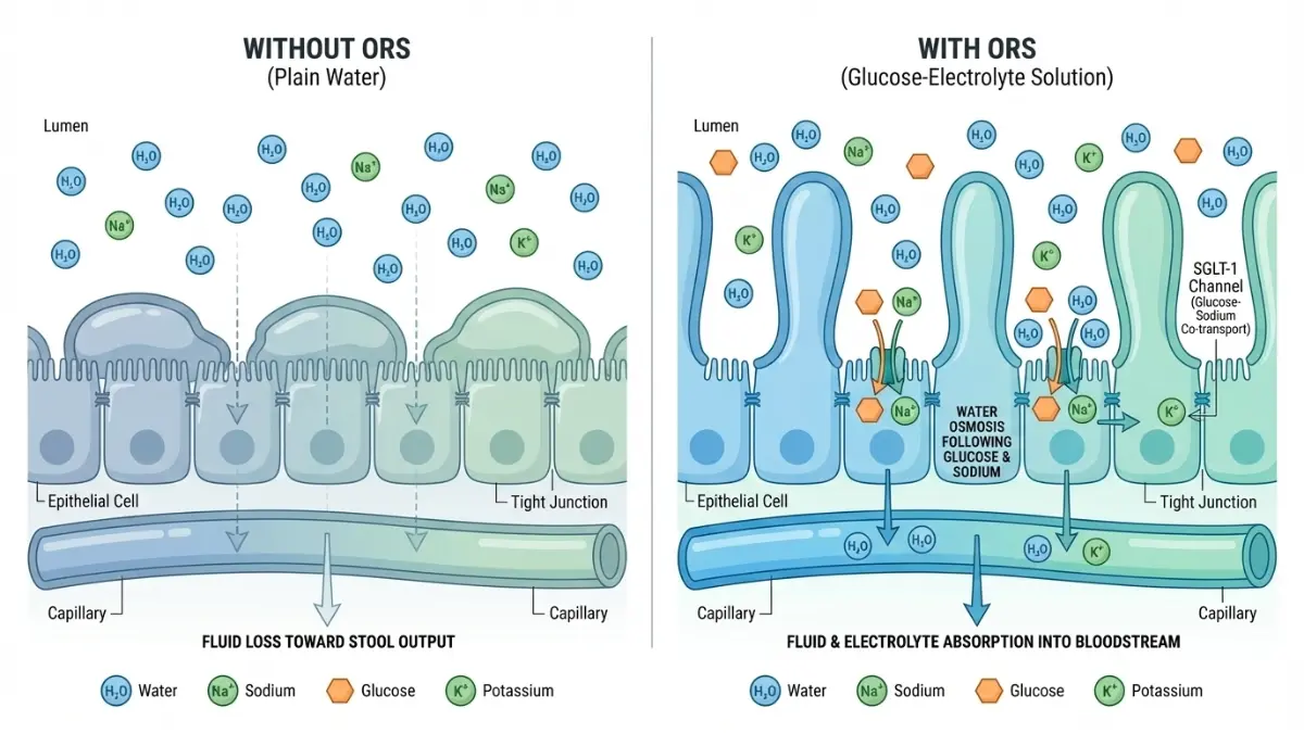 Medical diagram explaining oral rehydration solution absorption during norovirus symptoms in the intestine