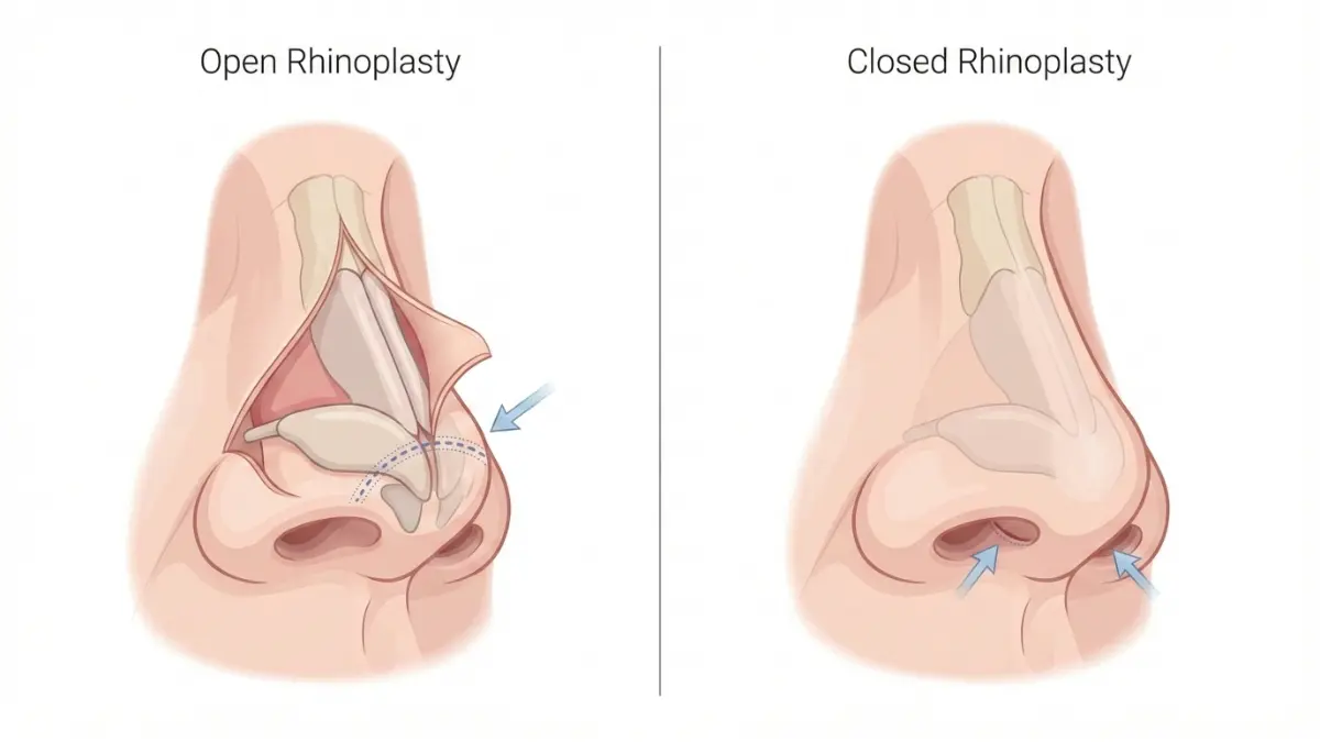 Rhinoplasty diagram comparing open and closed surgical incision techniques