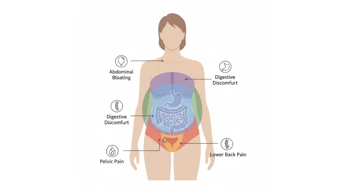 Ovarian Cancer Symptoms body map diagram showing pelvic, abdominal, and urinary areas