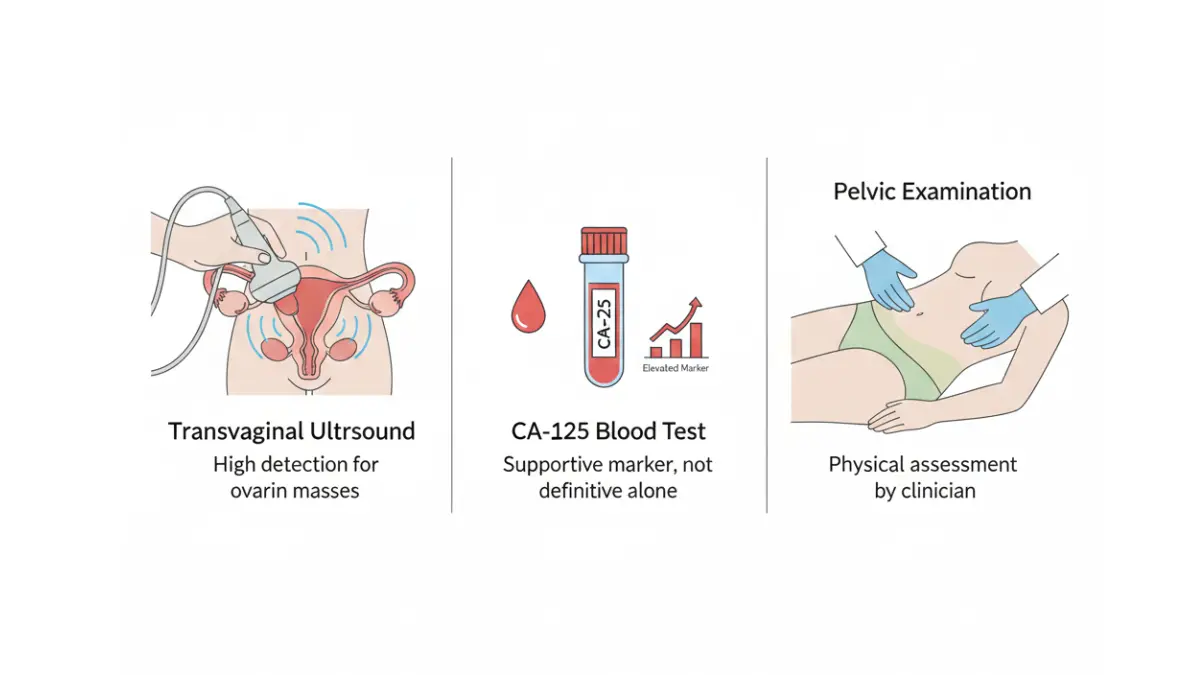 Ovarian Cancer Symptoms diagnostic tests diagram including ultrasound and CA-125