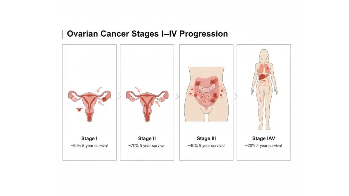 Ovarian Cancer Symptoms progression diagram from Stage I to Stage IV