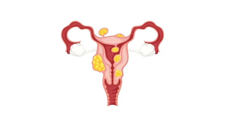 Ovarian Cancer Symptoms illustrated on female reproductive system anatomy