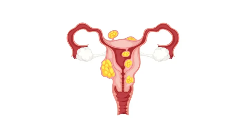 Ovarian Cancer Symptoms illustrated on female reproductive system anatomy