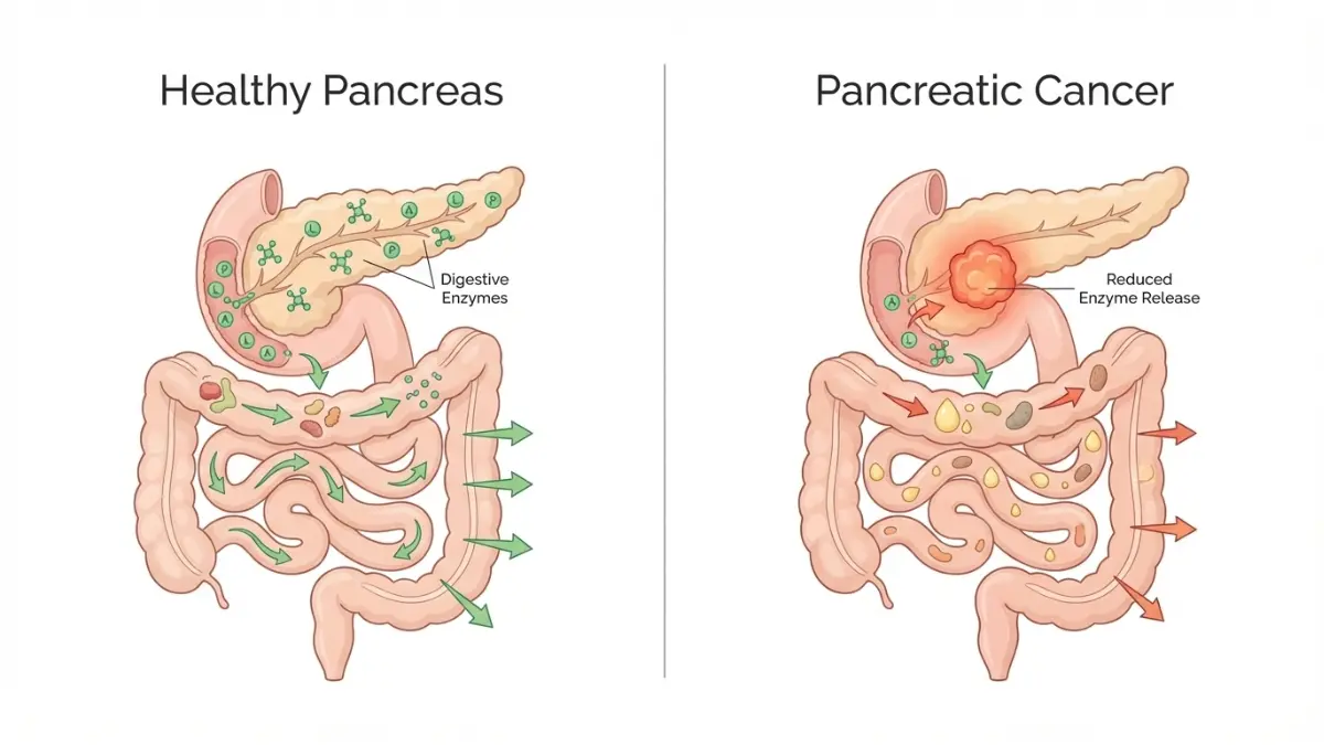 Pancreatic cancer symptoms explained by reduced digestive enzyme release and poor nutrient absorption