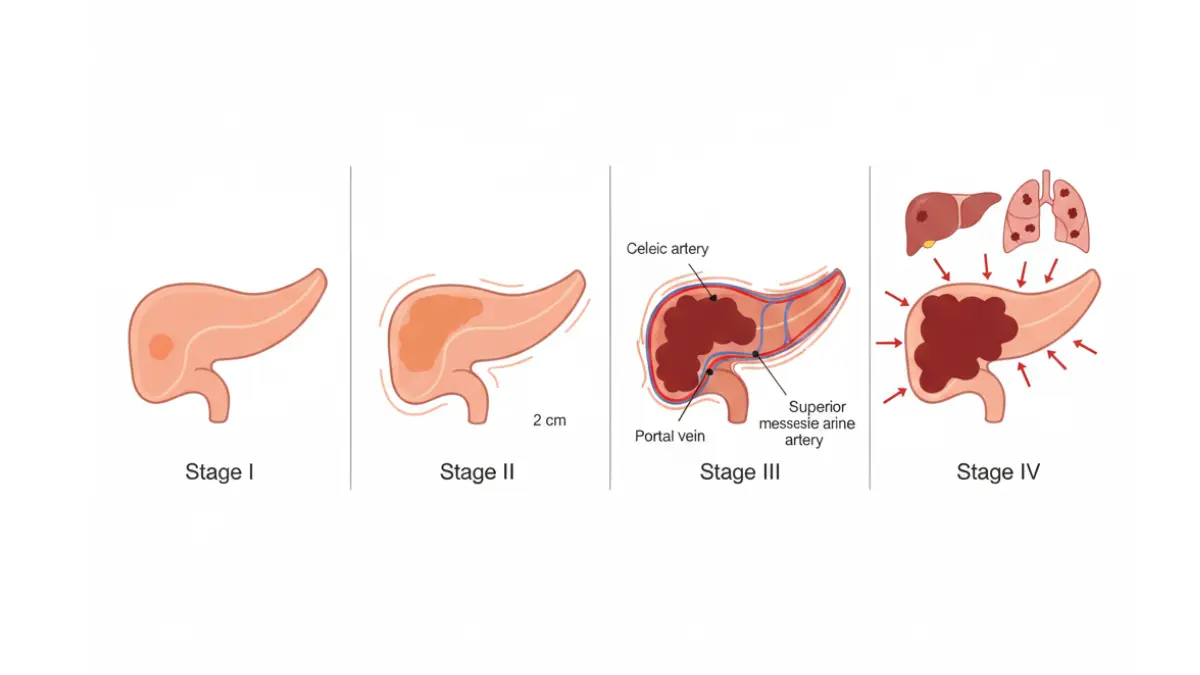 Pancreatic cancer symptoms progression shown across stages from early to advanced disease