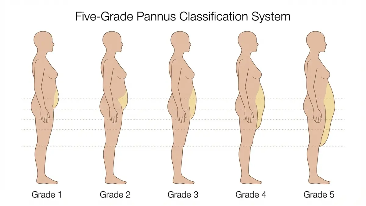 Medical grading chart showing five panniculectomy qualification grades from Grade 1 to Grade 5 with anatomical landmarks and Panniculectomy Cost