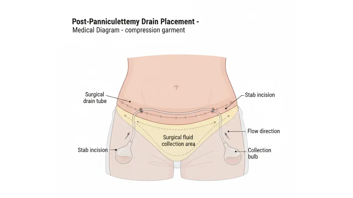 Medical diagram showing surgical drain placement locations after panniculectomy with collection bulbs and tubing anatomy and Panniculectomy Cost