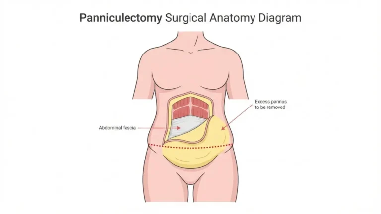 Medical diagram showing panniculectomy incision line and excess abdominal pannus anatomy related to Panniculectomy Cost