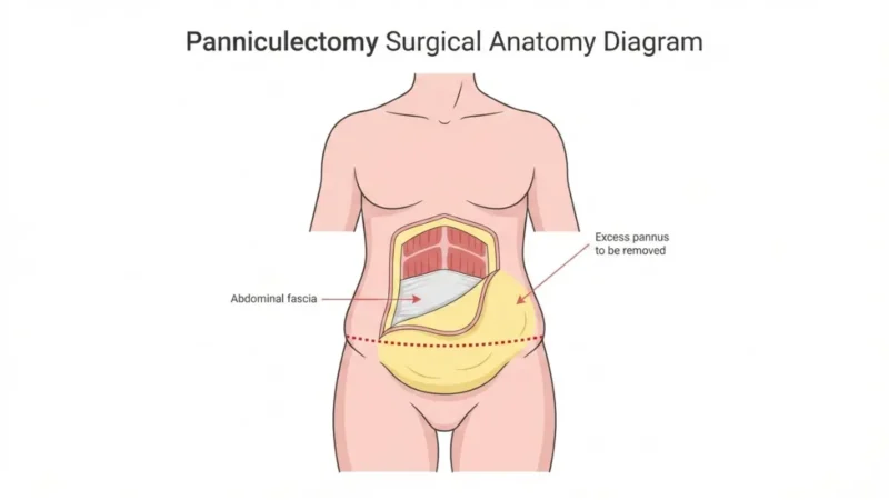 Medical diagram showing panniculectomy incision line and excess abdominal pannus anatomy related to Panniculectomy Cost