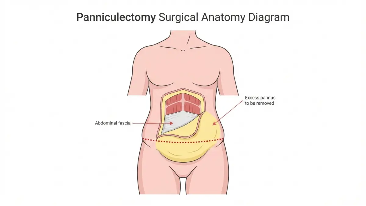 Medical diagram showing panniculectomy incision line and excess abdominal pannus anatomy related to Panniculectomy Cost