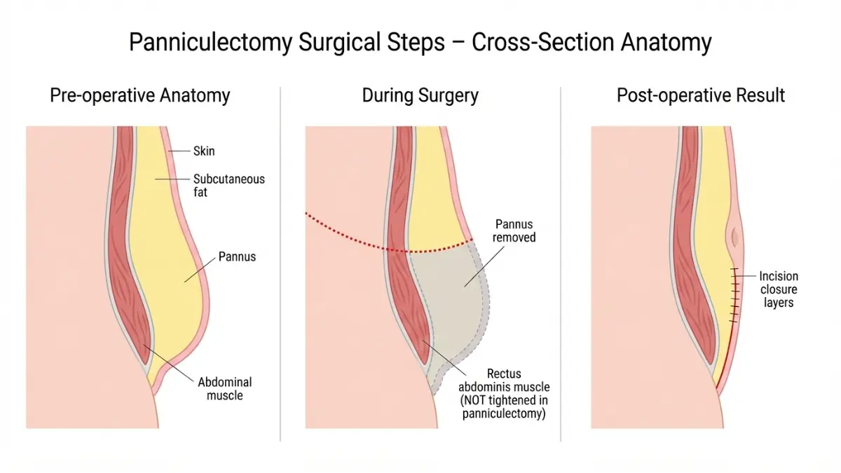 Cross-sectional medical diagram showing panniculectomy surgical procedure steps and tissue removal anatomy related to Panniculectomy Cost