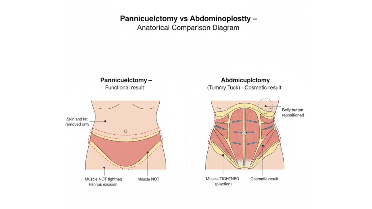 Medical comparison diagram showing anatomical differences between panniculectomy and abdominoplasty tummy tuck procedures and Panniculectomy Cost