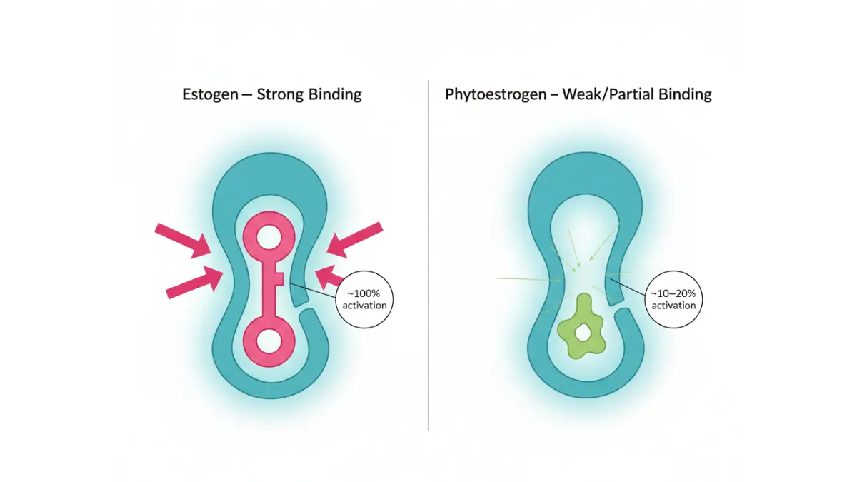 Molecular diagram showing weak phytoestrogen binding versus strong estrogen binding explaining why foods cannot increase breast size naturally