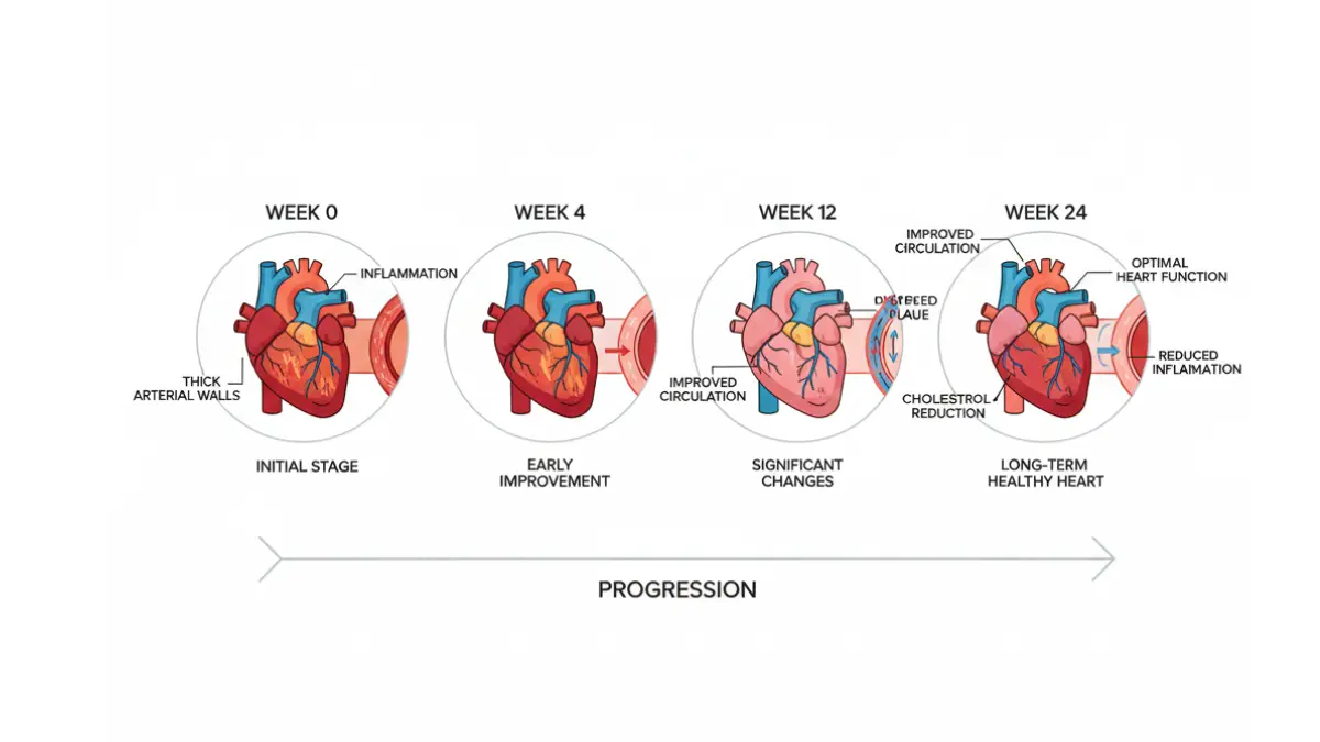 Medical timeline diagram showing heart health improvement over 24 weeks to prevent heart disease