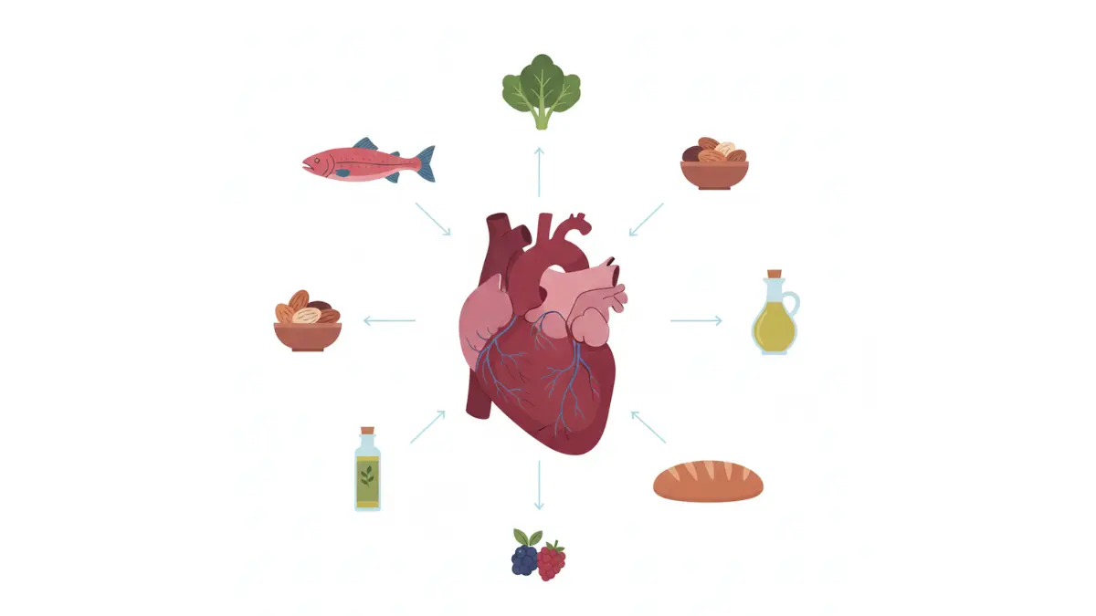 Anatomical heart diagram with heart-healthy foods to prevent heart disease