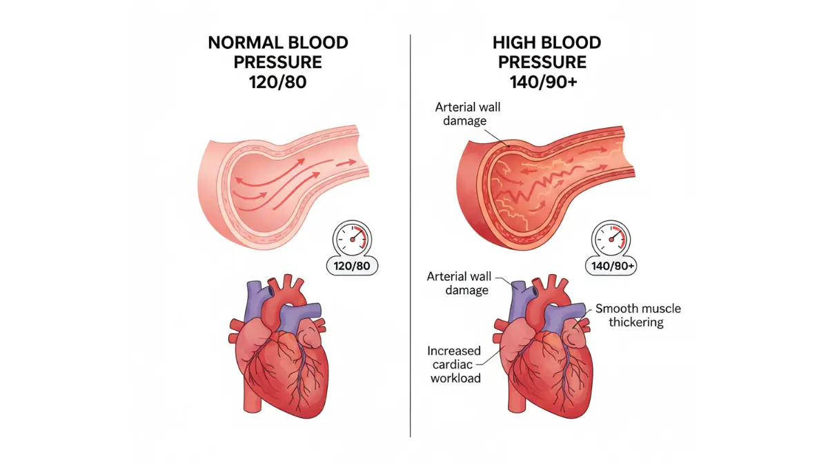 Medical comparison of normal and high blood pressure effects to prevent heart disease