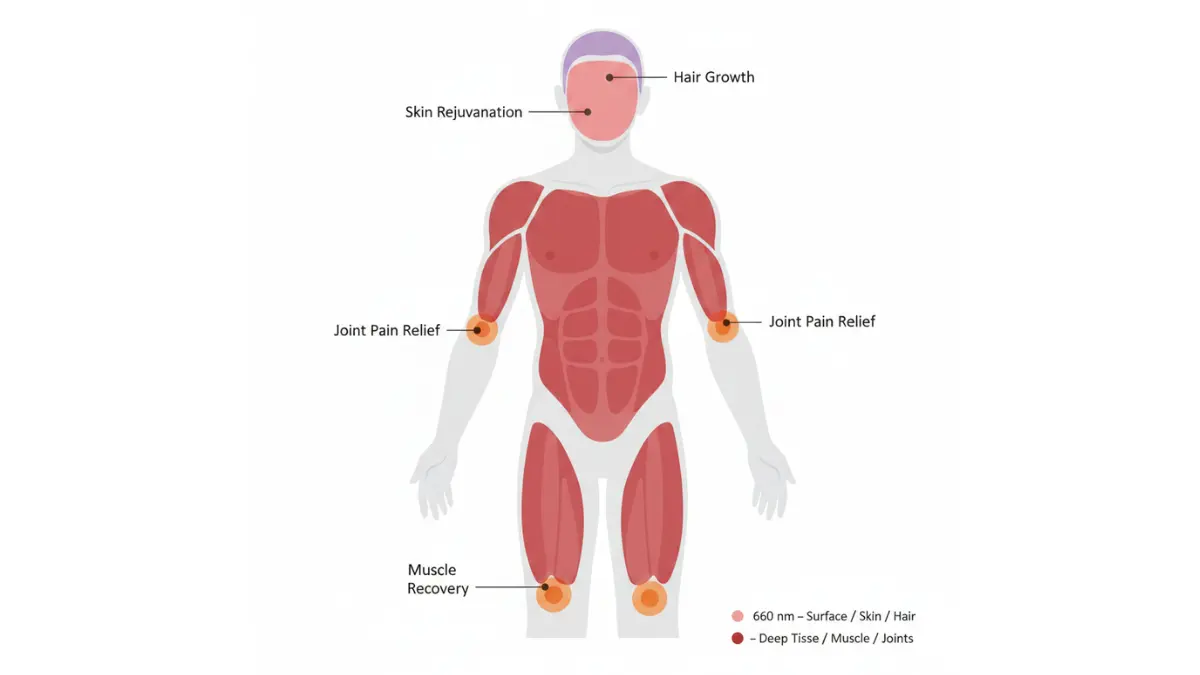 Red Light Therapy anatomy diagram showing body treatment zones for skin, joints, muscles and hair growth