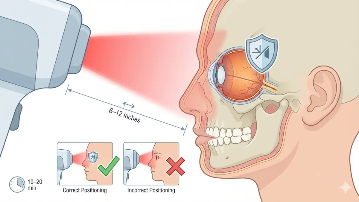 Red Light Therapy safety diagram showing correct facial positioning, eye protection and device distance