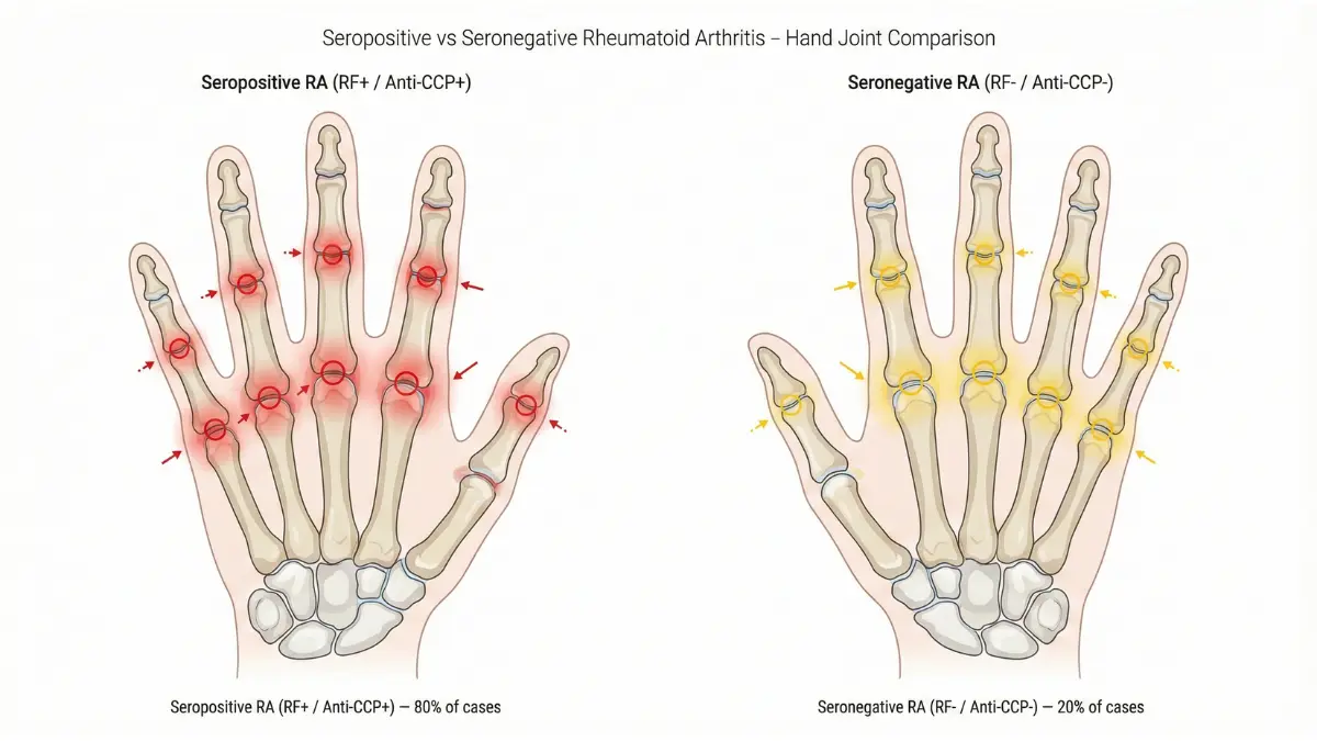 Clinical diagram showing rheumatoid factor levels measurement scale from normal below 20 IU/mL to high positive above 60 IU/mL