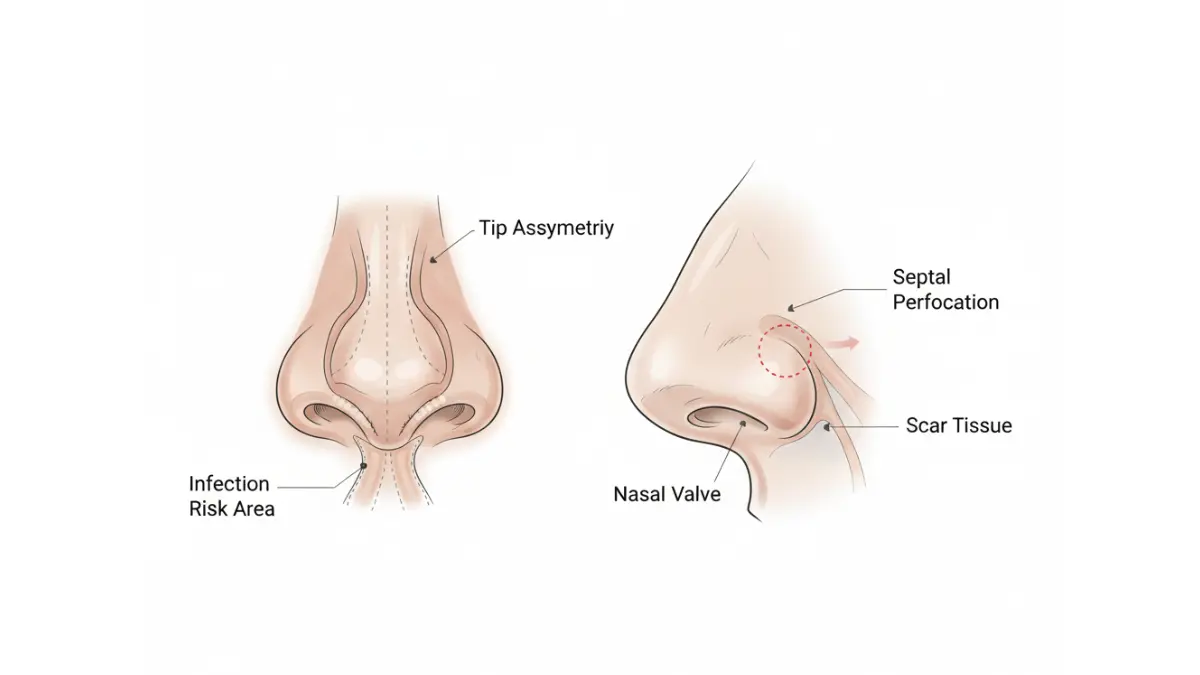 Rhinoplasty complications anatomy diagram showing septal perforation and nasal valve areas