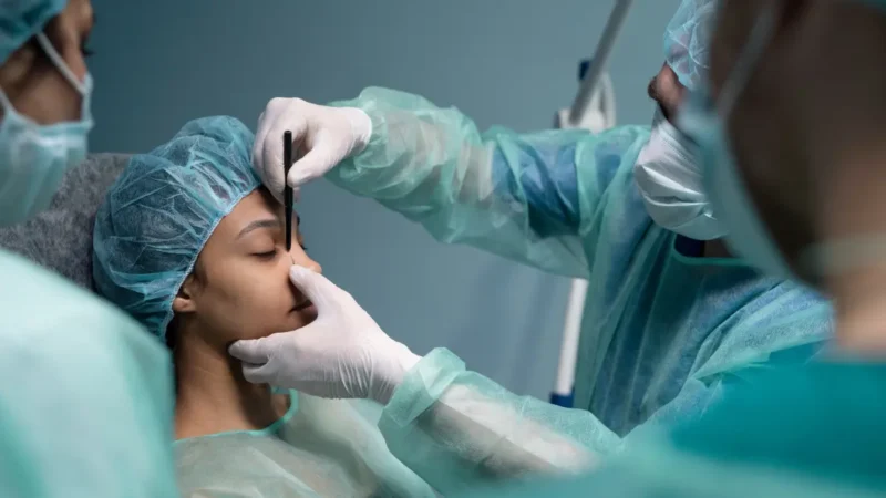 Rhinoplasty preoperative assessment showing surgeon marking nose before surgery