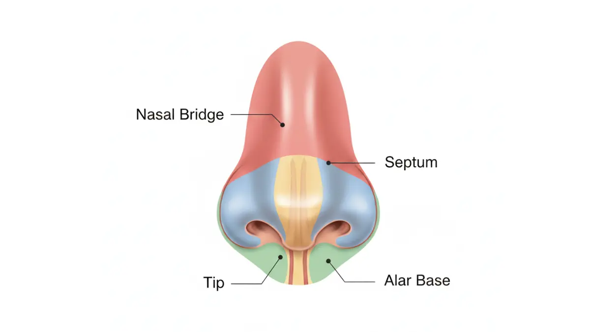 Rhinoplasty surgical zones diagram showing nasal bridge, tip, nostrils and septum areas