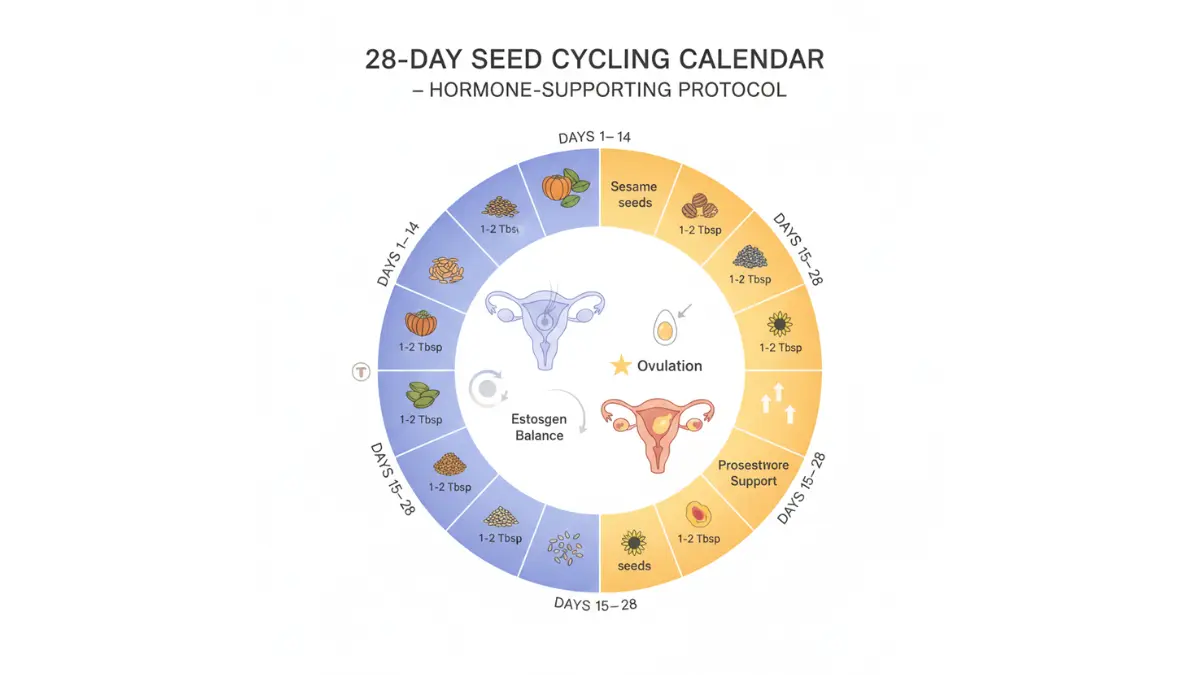 Seed Cycling 28-day protocol calendar showing which seeds to consume during follicular and luteal phases for PCOS